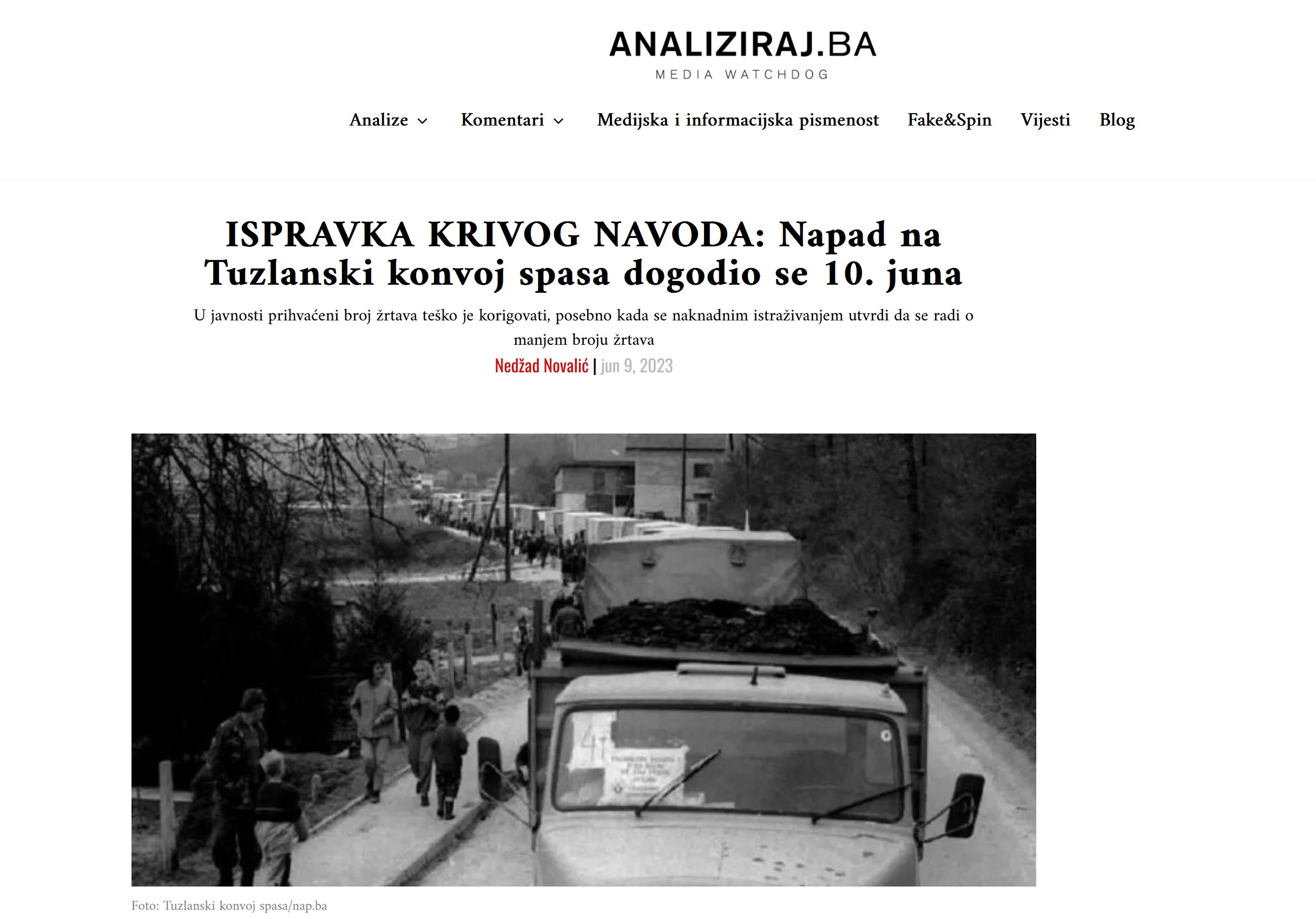 ISPRAVKA KRIVOG NAVODA: Napad na Tuzlanski konvoj spasa dogodio se 10. juna
